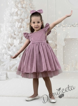 Официална детска рокля с къс ръкав с блясък в пепел от рози с тюл с панделка и фиба с панделка Балеа