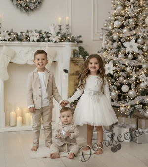 Официална детска рокля Сабина в екрю с ефектен плат и панделка в златисто бежово от колекция Бежина