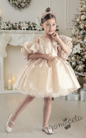 Официална детска рокля с тюл в бежово златисто Даян и панделка за коса от колекция Бежина