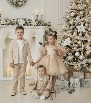 Официална детска рокля с тюл в бежово златисто Даян и панделка за коса от колекция Бежина