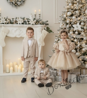 Официална детска рокля с тюл в бежово златисто Даян и панделка за коса от колекция Бежина