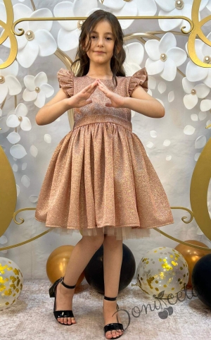 Официална детска рокля с къс ръкав с брокат в розово злато с тюл с панделка и фиба с панделка Балеа