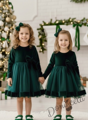 Детска рокля в зелено с тюл и панделка Тая и фиба за коса