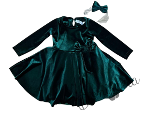 Детска коледна рокля плюш в зелено с панделка Елиса и фиба за коса