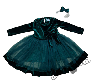 Детска рокля в зелено с тюл и панделка Тая и фиба за коса 2