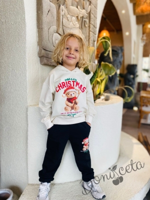 Коледен комплект за момче от блуза с качулка в бяло с мече и надпис и долнище в черно с мече
