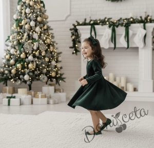 Детска коледна рокля плюш в зелено с панделка Елиса и фиба за коса