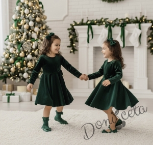 Детска коледна рокля плюш в зелено с панделка Елиса и фиба за коса