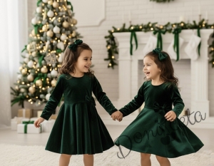Детска коледна рокля плюш в зелено с панделка Елиса и фиба за коса