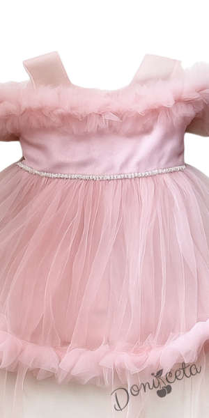 Официална детска рокля с шлейф с тюл в цвят пудра Ария