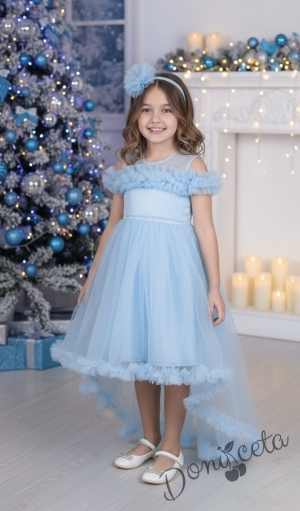 Официална детска рокля с шлейф с тюл в светлосиньо Ария