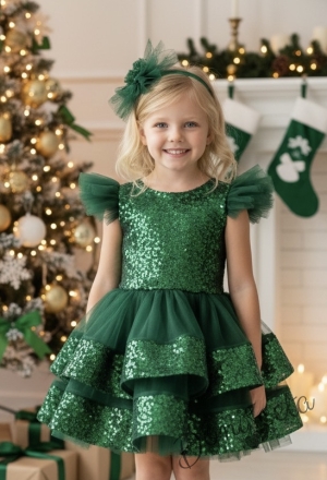 Коледна детска рокля в зелено с пайети, тюл и фиба за коса Айрис