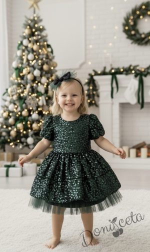 Детска коледна рокля в зелено с пайети Силия, тюл в зелено и фиба за коса