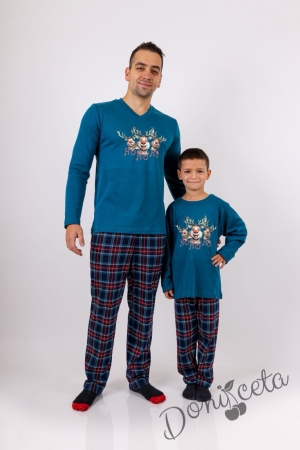 Детска коледна пижама в синьо с весели еленчета и надпис Дашър