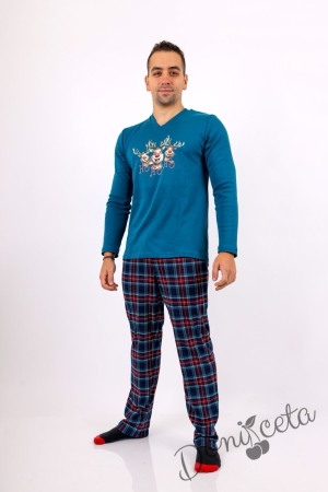 Детска коледна пижама в синьо с весели еленчета и надпис Дашър