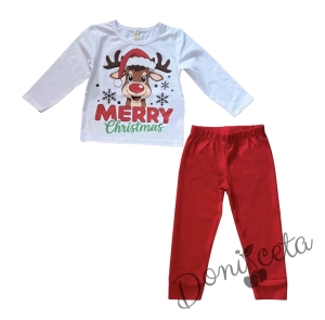 Детска, дамска или мъжка коледна пижама в бяло и червено с весело еленче и надпис Весела Коледа Купидон