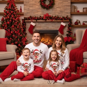 Детска, дамска или мъжка коледна пижама в бяло и червено с весело еленче и надпис Весела Коледа Купидон