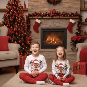 Детска, дамска или мъжка коледна пижама в бяло и червено с весело еленче и надпис Весела Коледа Купидон