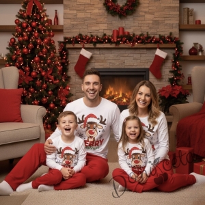 Дамска  коледна пижама в бяло и червено с весело еленче и надпис Весела Коледа