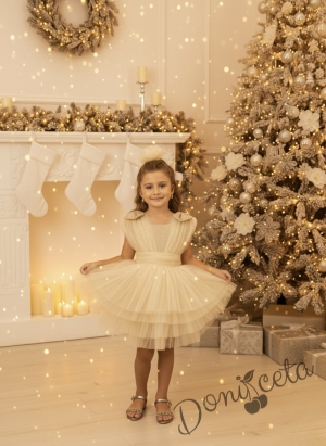 Официална къса детска рокля в златисто с тюл на пластове Малисия 