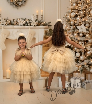 Официална къса детска рокля в златисто с тюл на пластове Малисия 