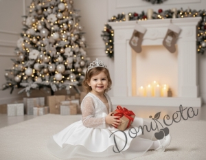 Официална детска рокля Мира с дълъг ръкав в бяло с пайети отгоре  от колекция Снежина