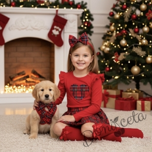 Комплект за момиче от 2 части-пола клош от трико Роси в каре и блуза с дълъг ръкав в червено със сърце в каре Карена