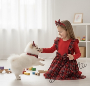 Детска коледна рокля каре в червено с дълъг ръкав и с къдрички от каре Карена