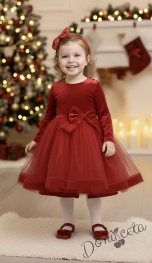 Детска коледна рокля плюш в червено с тюл и панделка Тая и фиба за коса