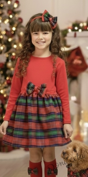 Комплект от 2 части- детска рокля с дълъг ръкав в червено с каре в долната част и диадема Карена