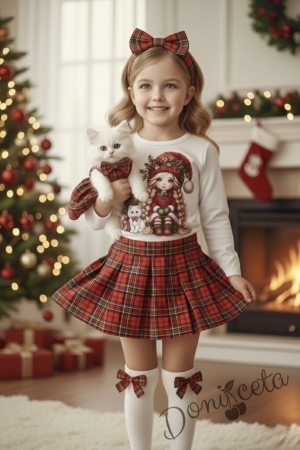Детски комплект за момиче от пола каре и блуза в бяло с коледна картинка на момиченце и елха Карена