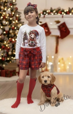 Детски комплект от къси панталони в червено каре и блуза в бяло с момиченце и елха