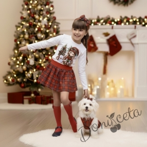 Коледна блуза в бяло с дълъг ръкав с картинка на момиче с коте и елха