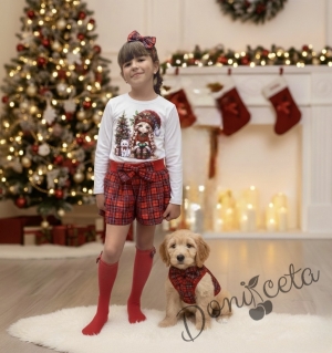 Коледна блуза в бяло с дълъг ръкав с картинка на момиче с коте и елха