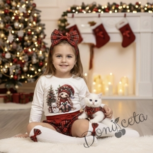 Коледна блуза в бяло с дълъг ръкав с картинка на момиче с коте и елха