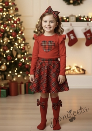 Комплект за момиче от 2 части-пола клош от трико Роси в каре и блуза с дълъг ръкав в червено със сърце в каре Карена