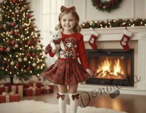Детски комплект за момиче от пола каре и блуза в червено с коледна картинка на момиченце и елха Карена