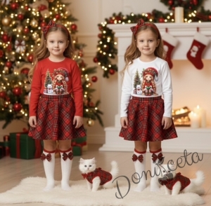 Комплект за момиче от 2 части-пола клош от трико Роси в каре и блуза с дълъг ръкав в червено с коледна картинка Карена