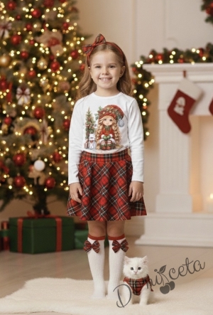 Комплект за момиче от 2 части-пола клош от трико Роси в каре и блуза с дълъг ръкав в бяло с коледна картинка Карена
