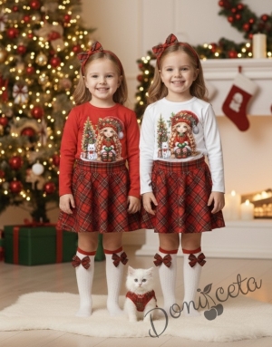 Комплект за момиче от 2 части-пола клош от трико Роси в каре и блуза с дълъг ръкав в бяло с коледна картинка Карена