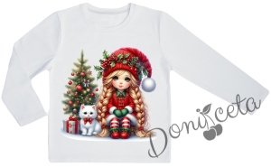 Комплект за момиче от 2 части-пола клош от трико Роси в каре и блуза с дълъг ръкав в бяло с коледна картинка Карена