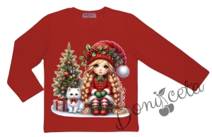 Комплект за момиче от 2 части-пола клош от трико Роси в каре и блуза с дълъг ръкав в червено с коледна картинка Карена