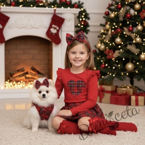 Комплект за момиче от 2 части-пола плисе от трико в каре и блуза с дълъг ръкав в червено със сърце в каре Карена