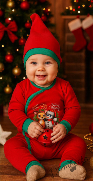 Бебешки коледен гащеризон в червено с коледна картинка със снежен човек и елен и коледна шапка в зелено