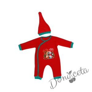 Бебешки коледен гащеризон в червено с коледна картинка със снежен човек и елен и коледна шапка в зелено