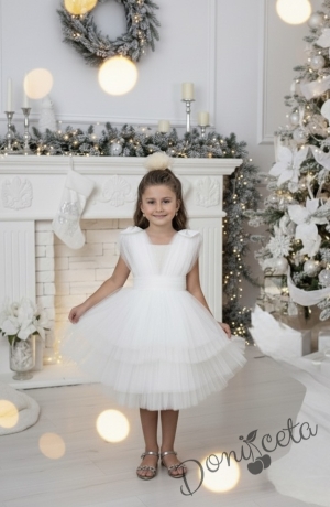 Официална къса детска рокля в бяло за снежинка с тюл Малисия