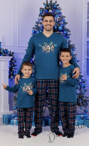 Мъжка коледна пижама Дашър в синьо с весели еленчета и надпис 