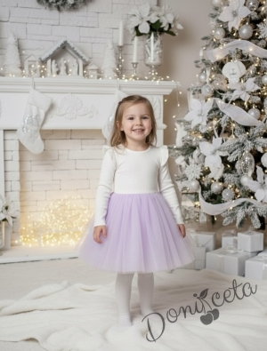 Детска ежедневна рокля с дълъг ръкав в бяло и лилаво с къдрички на рамената Оливия от колекция Лилавина