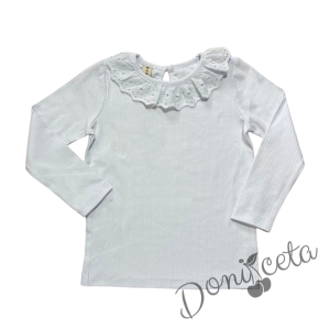 Комплект за момиче от 2 части-пола Вили в каре с панделки и блуза с дълъг ръкав в бяло с дантела Карена