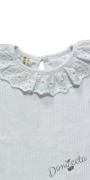 Детска рипсана блуза с дълъг ръкав в бяло с дантела